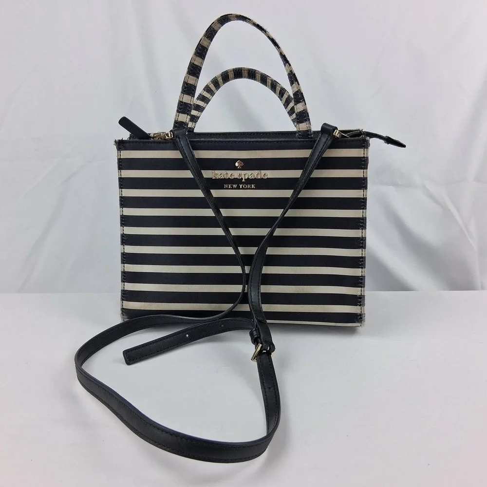 Kate Spade New York Black Cream Striped Satchel Crossbody Bag R00675